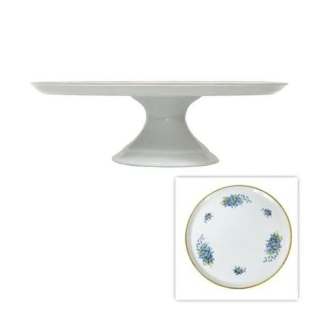 Tharaud Limoges Made in France footed  cake stand blue forget me nots 12.5” X 4”